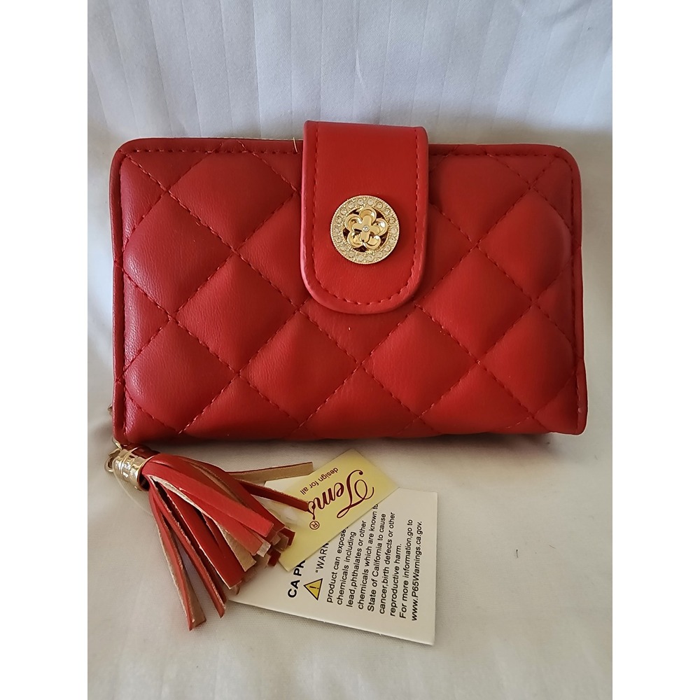 Lems Red Quilted Bifold Wallet Gold Floral Medallion Tassel Zip Accordion Pocket